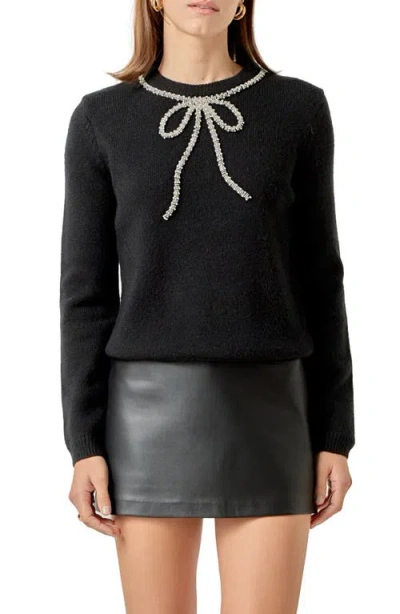 English Factory Rhinestone Bow Knit Sweater In Black In Black