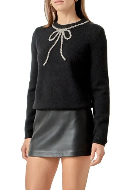 English Factory Rhinestone Bow Knit Sweater In Black In Black