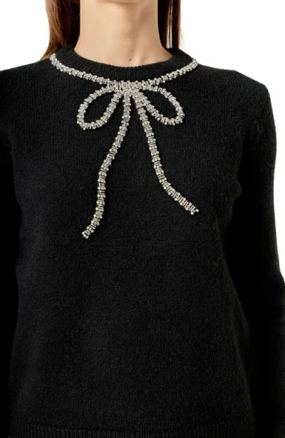 English Factory Rhinestone Bow Knit Sweater In Black In Black
