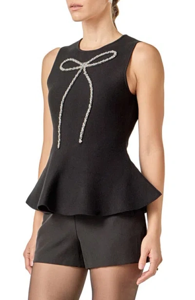 English Factory Rhinestone Bow Sleeveless Peplum Top In Black
