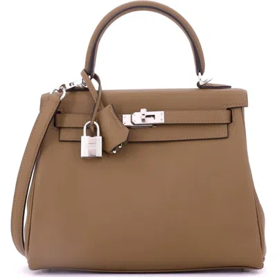 Pre-owned Hermes  Hermes Kelly Handbag Verso Swift With Palladium Hardware 25 In Brown