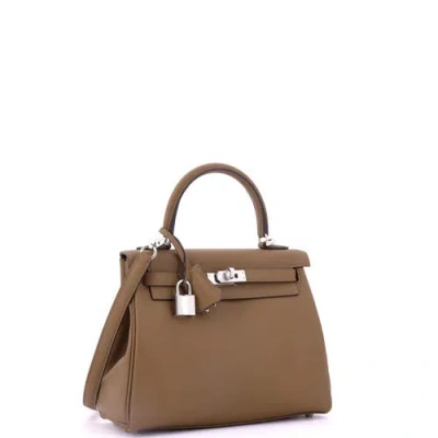 Pre-owned Hermes  Hermes Kelly Handbag Verso Swift With Palladium Hardware 25 In Brown