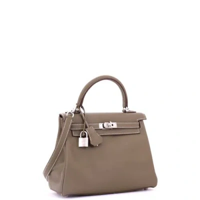 Pre-owned Hermes  Hermes Kelly Handbag Grey Swift With Palladium Hardware 25 In Brown