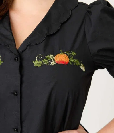 Smak Parlour Embriodered Puff Sleeve Top In Black