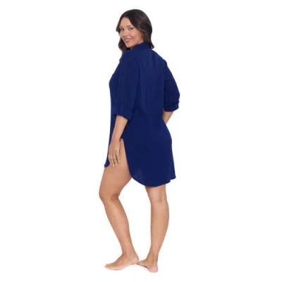 Trimshaper Button-down High-low Beach Shirt Coverup In Blue