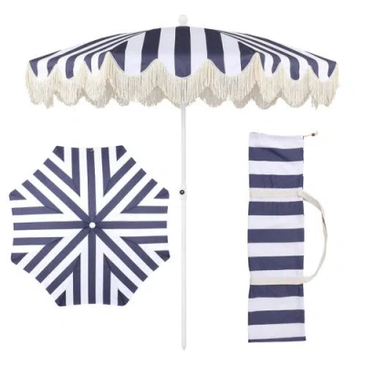 Jonathan Y Mariner 6.5 Ft. Classic Cottage Fringe Tassel Market Beach Umbrella With Push Button Tilt In Blue