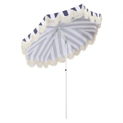 Jonathan Y Mariner 6.5 Ft. Classic Cottage Fringe Tassel Market Beach Umbrella With Push Button Tilt In Blue