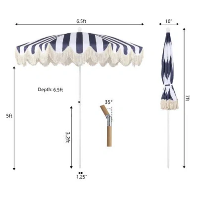 Jonathan Y Mariner 6.5 Ft. Classic Cottage Fringe Tassel Market Beach Umbrella With Push Button Tilt In Blue