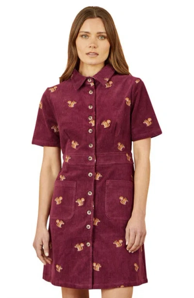 Yumi Fox Embroidered Cord Shirt Dress In Burgundy