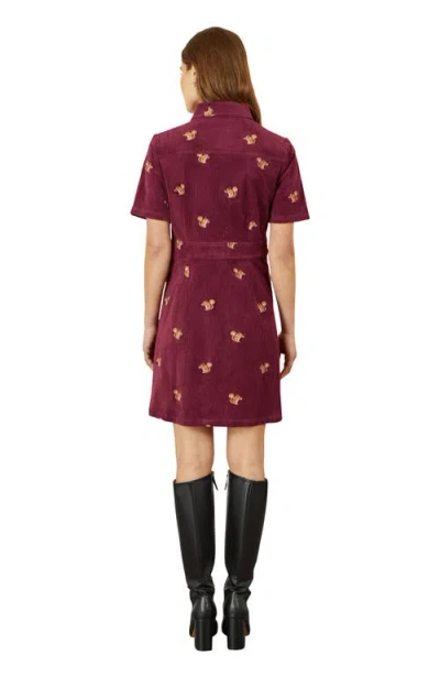 Yumi Fox Embroidered Cord Shirt Dress In Burgundy