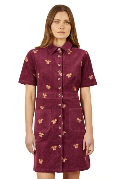 Yumi Fox Embroidered Cord Shirt Dress In Burgundy