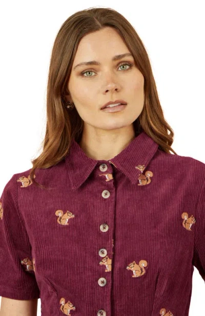 Yumi Fox Embroidered Cord Shirt Dress In Burgundy