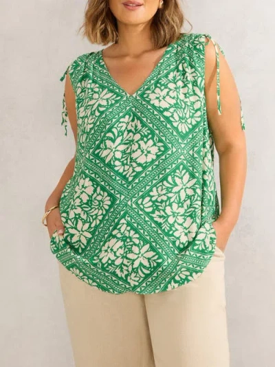 Live Unlimited Drawstring Printed Top In Green
