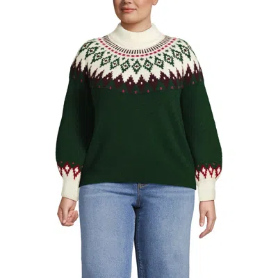 Lands' End Fuzzy Turtleneck Lantern Sleeve Jacquard Sweater In Green