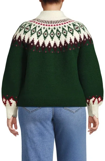 Lands' End Fuzzy Turtleneck Lantern Sleeve Jacquard Sweater In Green