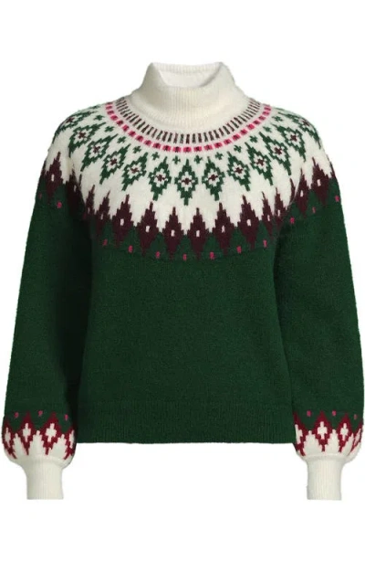 Lands' End Fuzzy Turtleneck Lantern Sleeve Jacquard Sweater In Green