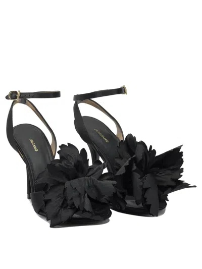 Ferragamo Black Satin Flower Sandals In Black