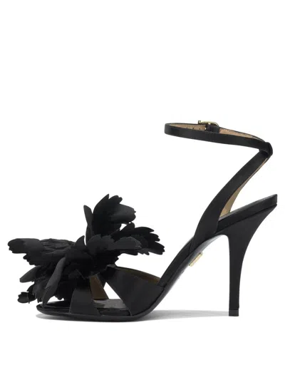 Ferragamo Black Satin Flower Sandals In Black
