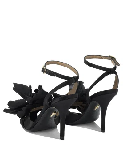 Ferragamo Black Satin Flower Sandals In Black