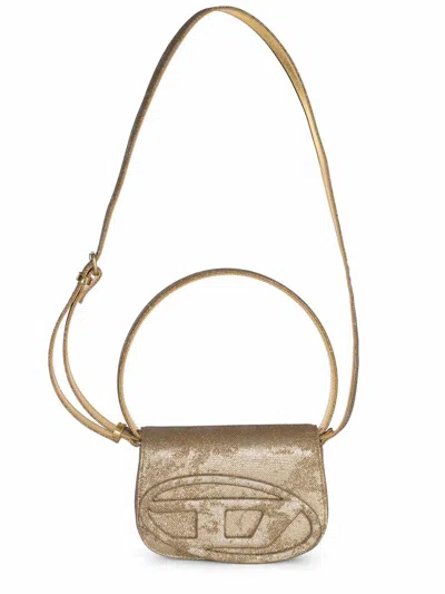 Diesel Oval-d Logo Glittered Denim Shoulder Bag In Gold