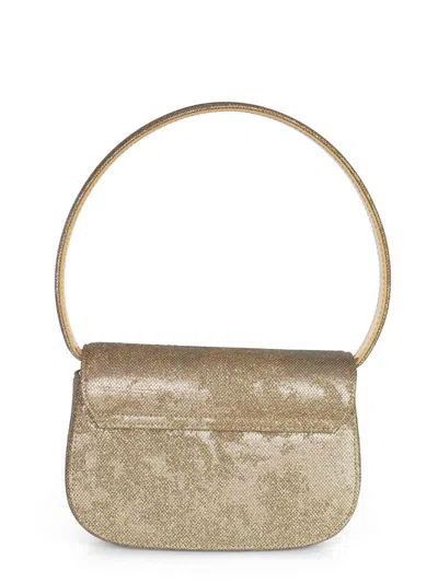 Diesel Oval-d Logo Glittered Denim Shoulder Bag In Gold