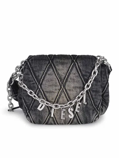 Diesel Charm-d S-small Shoulder Bag In Quilted Denim In Black