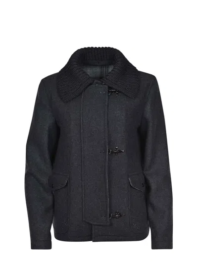 Fay Three-hook Wool Jacket With Removable Ribbed Collar And Iconic Closure In Black