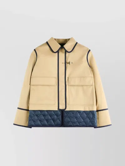 Fay Quilted Hem Coat Contrast Trim Front Pockets In Brown