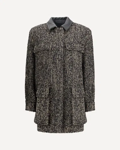 Max Mara Herringbone Pattern Wool Jacket With Leather Collar In Gray