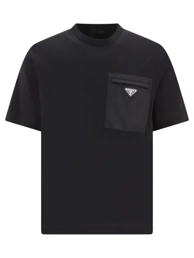 Prada Men's Plain Cotton Badge Pocket T-shirt In Black