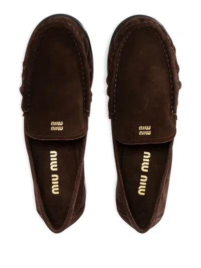 Miu Miu Suede Loafers With Flat Leather Sole In Burgundy