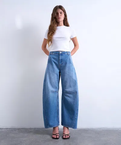 Topshop Women's Mid-blue Horseshoe High-rise Barrel Jeans In Blue