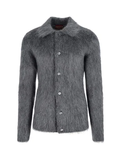 Gucci Men Grey Cardigan With Classic Collar And Brushed Effect In Mohair Blend Woman In Gray