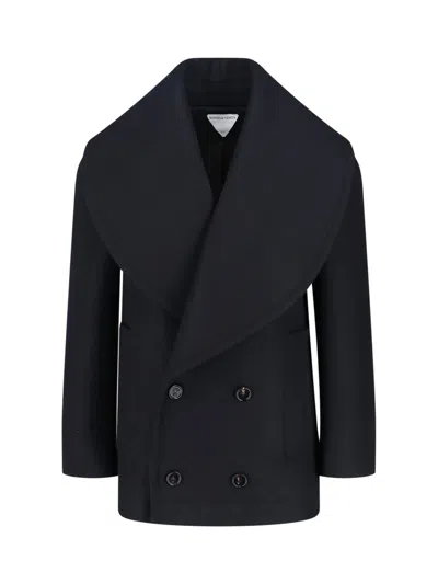 Bottega Veneta Stretch Wool Blend Felt Double Breasted Coat In Black