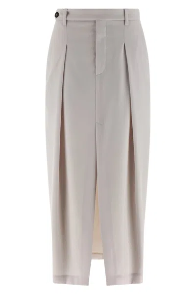 Brunello Cucinelli Curved Pleated Skirt Button Detail In Gray
