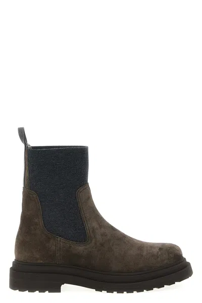 Brunello Cucinelli Chunky Sole Suede Ankle Boots With Monili Detail In Brown