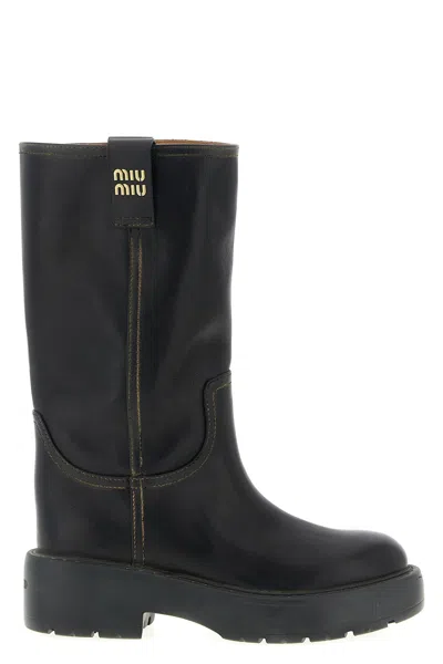 Miu Miu Stylish Leather Boots Featuring Chunky Sole In Black