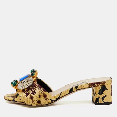 Pre-owned Miu Miu Multicolor Brocade Fabric Crystal Embellished Slide Sandals Size 37