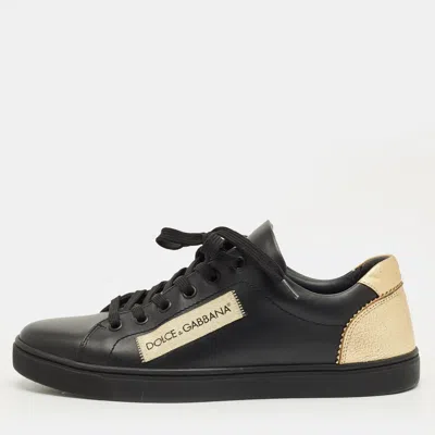 Pre-owned Dolce & Gabbana Black/gold Portofino Leather Logo Lace Up Sneakers Size 38.5