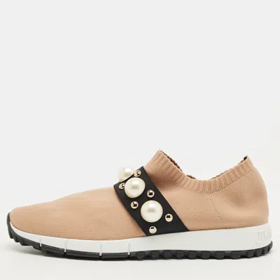 Pre-owned Jimmy Choo Beige Fabric Studded Accents Sneakers Size 37 In Sand