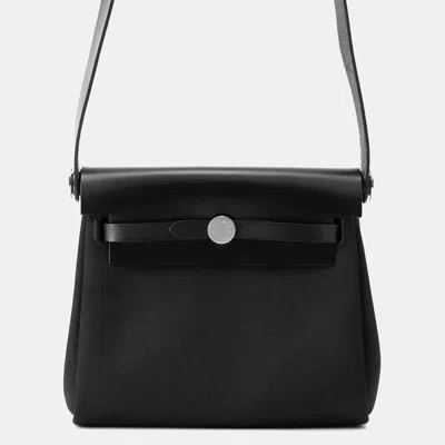 Pre-owned Hermes Herbag Zip Black Toile Military Vache Hunter Leather Mini