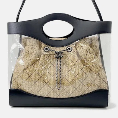 Pre-owned Chanel Matelasse 2-way Tote Transparent/black/beige Plastics Leather Raffia In Sand
