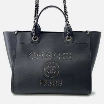 Pre-owned Chanel Deauville Chain Tote Shopping Bag Black Caviar Leather Size Gm