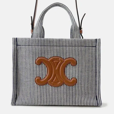 Pre-owned Celine Small Kabatais 2-way Bag Navy Blue/brown Canvas Leather