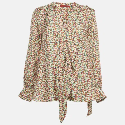 Pre-owned Ch Carolina Herrera Multicolor Printed Silk Frill Detail Blouse S