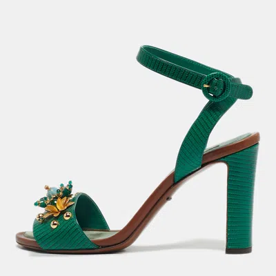Pre-owned Dolce & Gabbana Green Lizard Embossed Leather Embellished Ankle Strap Sandals Size 40