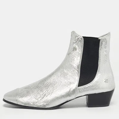 Pre-owned Chanel Silver/black Leather Ankle Length Boots Size 40