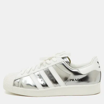 Pre-owned Prada X Adidas Silver/white Leather Superstar Low Top Sneakers Size 43 1/3