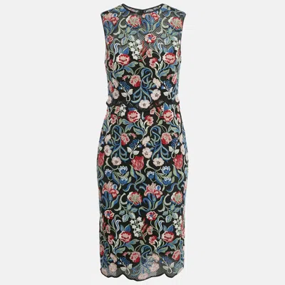 Pre-owned Valentino Black Floral Embroidered Mesh Sheath Midi Dress S
