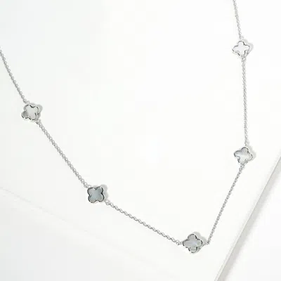 Fashnzfab White Gold Dipped Mother Of Pearl Quatrefoil Station Necklace - Rhodium, White In Metallic